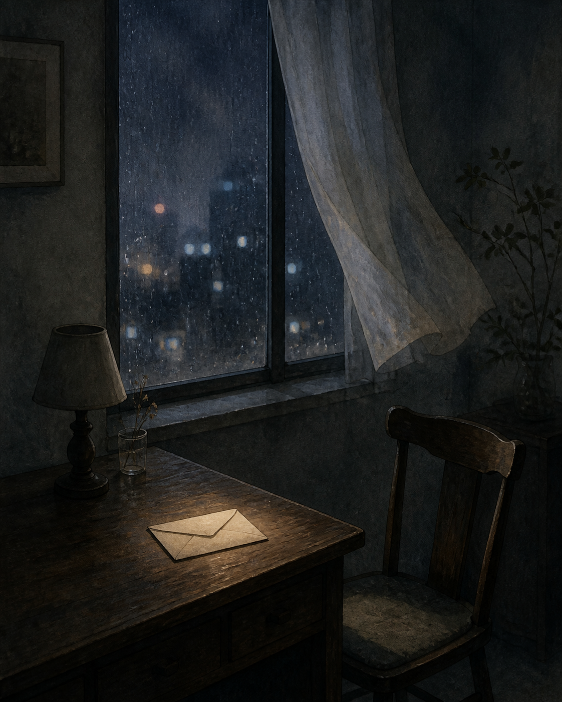 雨夜窗边，桌上放着一封未寄出的信