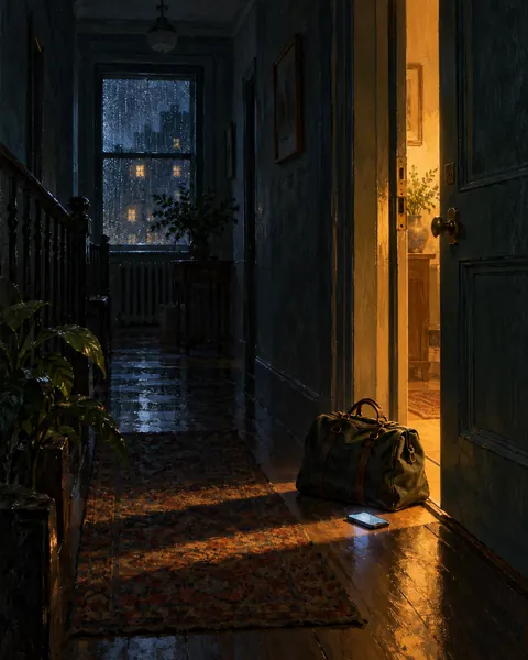夜晚公寓门口的旅行包和微亮手机