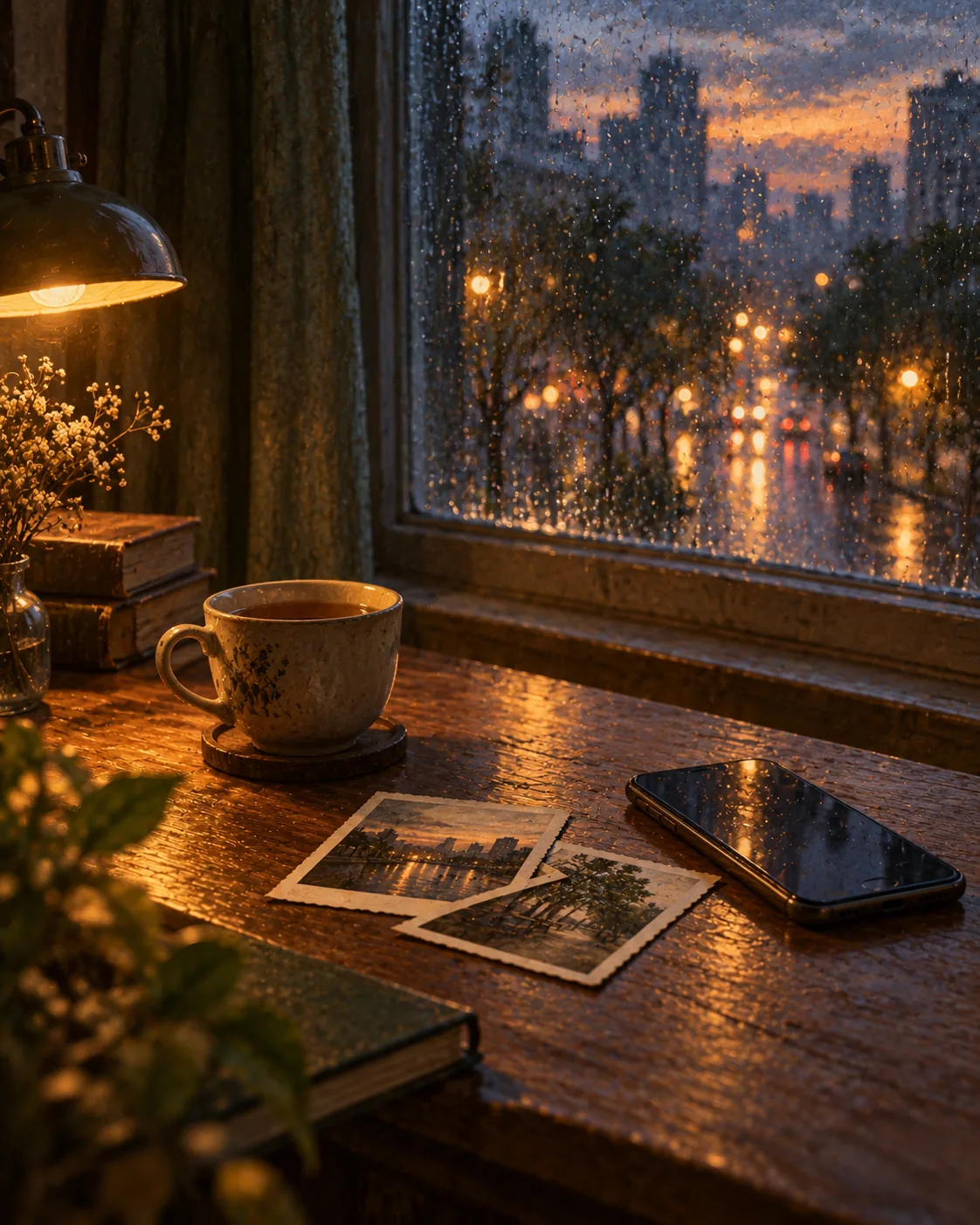 雨夜窗边的木桌上,手机、旧照片和一杯茶