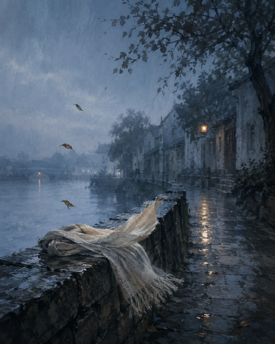 雨后河畔的旧街，围巾的一角被风轻轻扬起